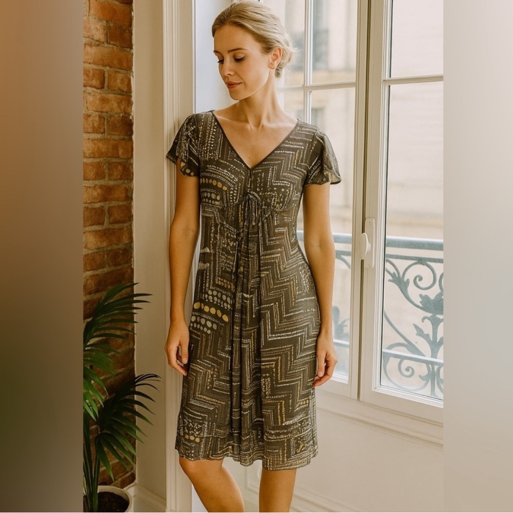 J. Jill 100% Silk Geometric Dots Brown Neutral V Neck Short Sleeve Dress Sz 18W